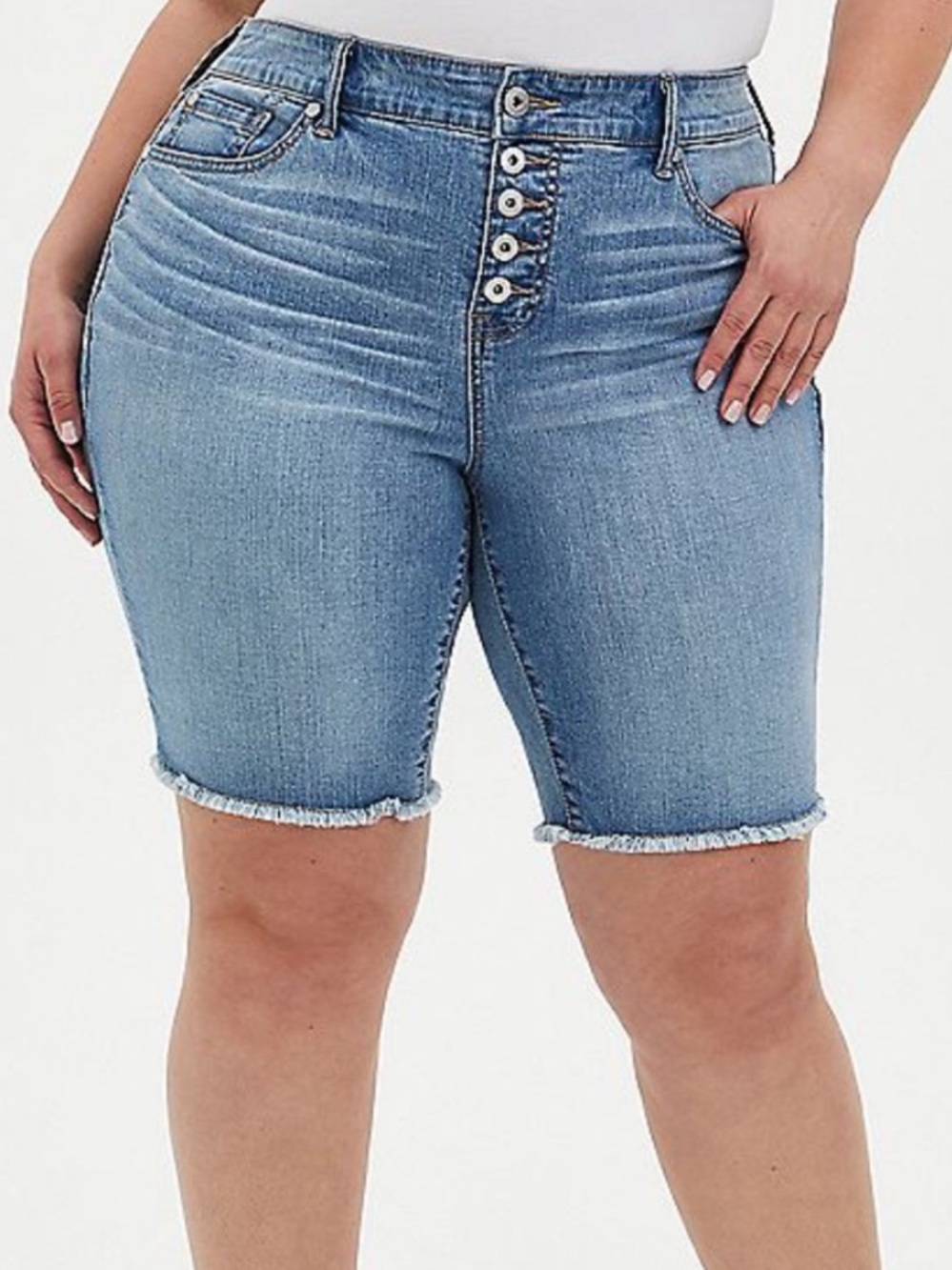 🐷 Torrid High Waist Button-Fly Denim Bermuda Shorts with Raw Hem